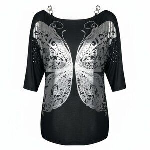 Lipstick Women's Size L Black Y2k Off Shoulder Metallic Silver Butterfly Top